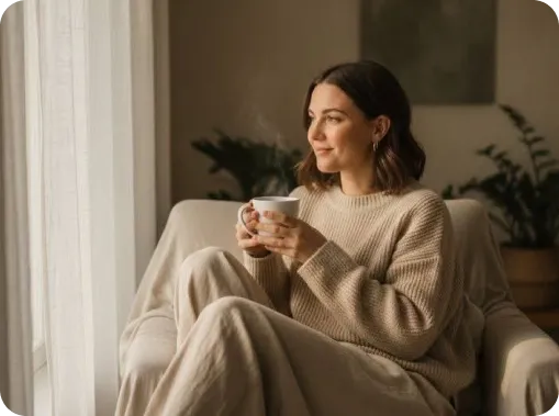 a woman sitting in a chair holding a cup