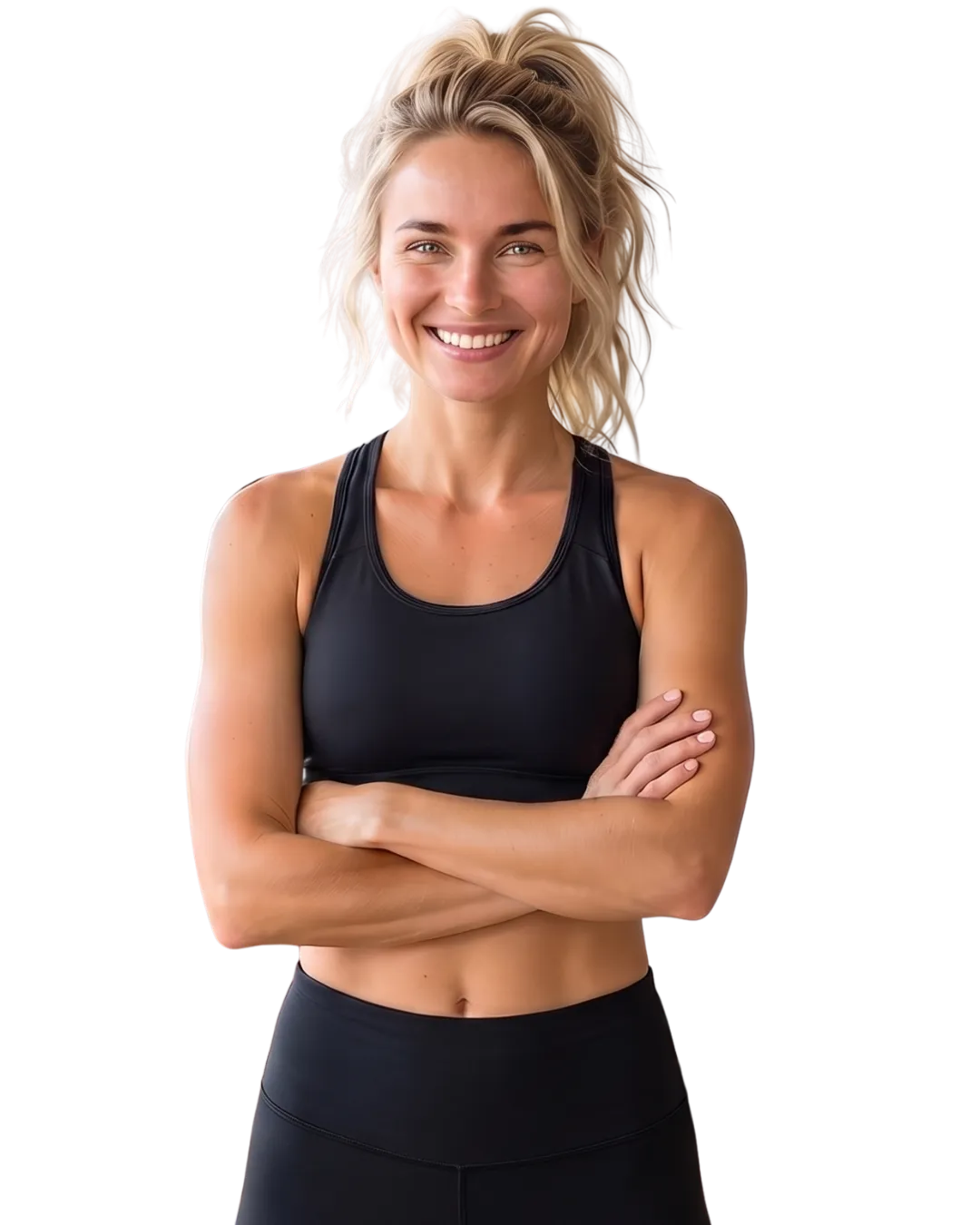 a woman with blonde hair wearing black tank top and black pants