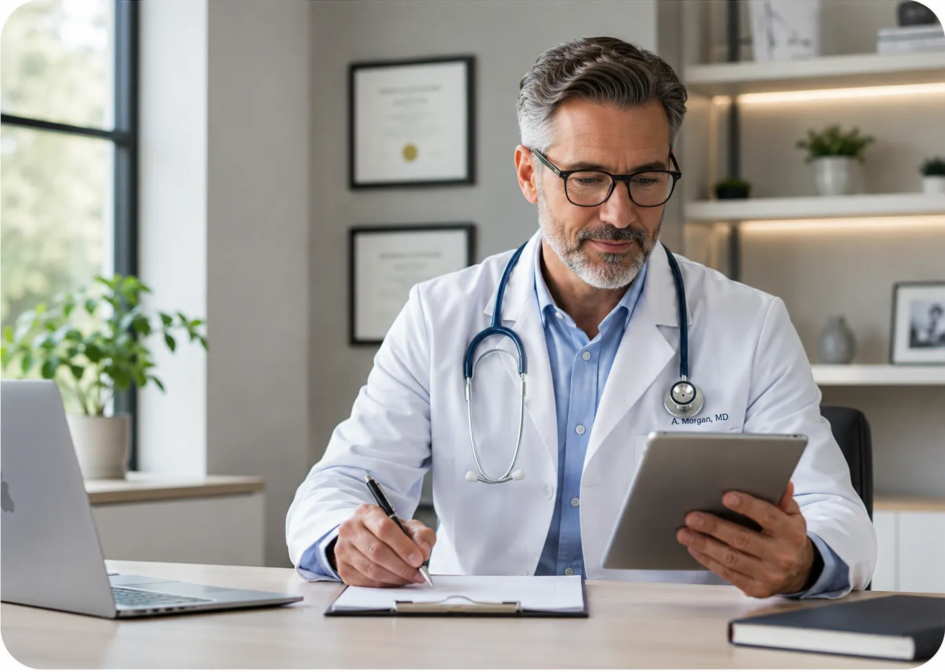 a doctor holding a tablet and pen