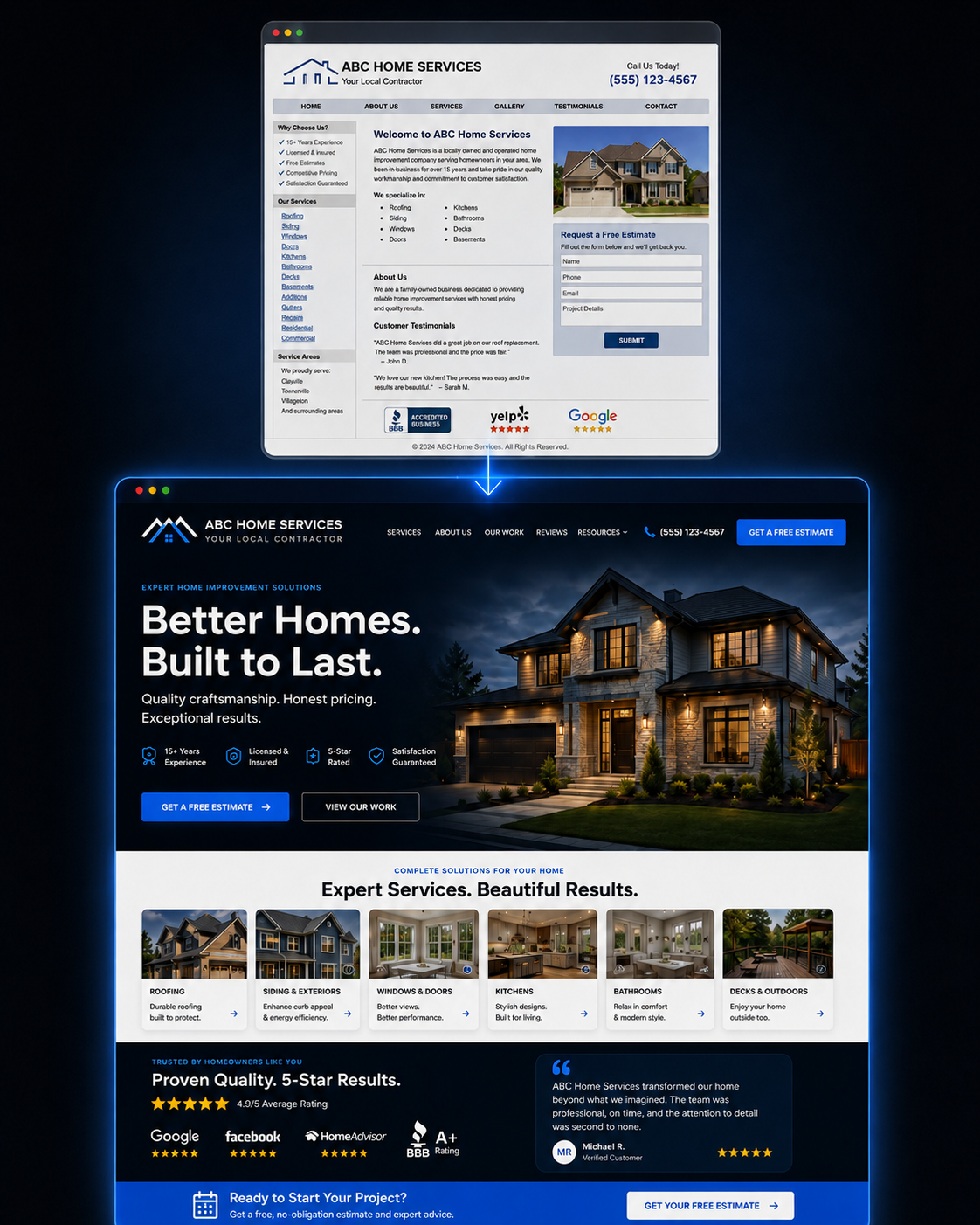 Before and After comparison of ABC Home Services website