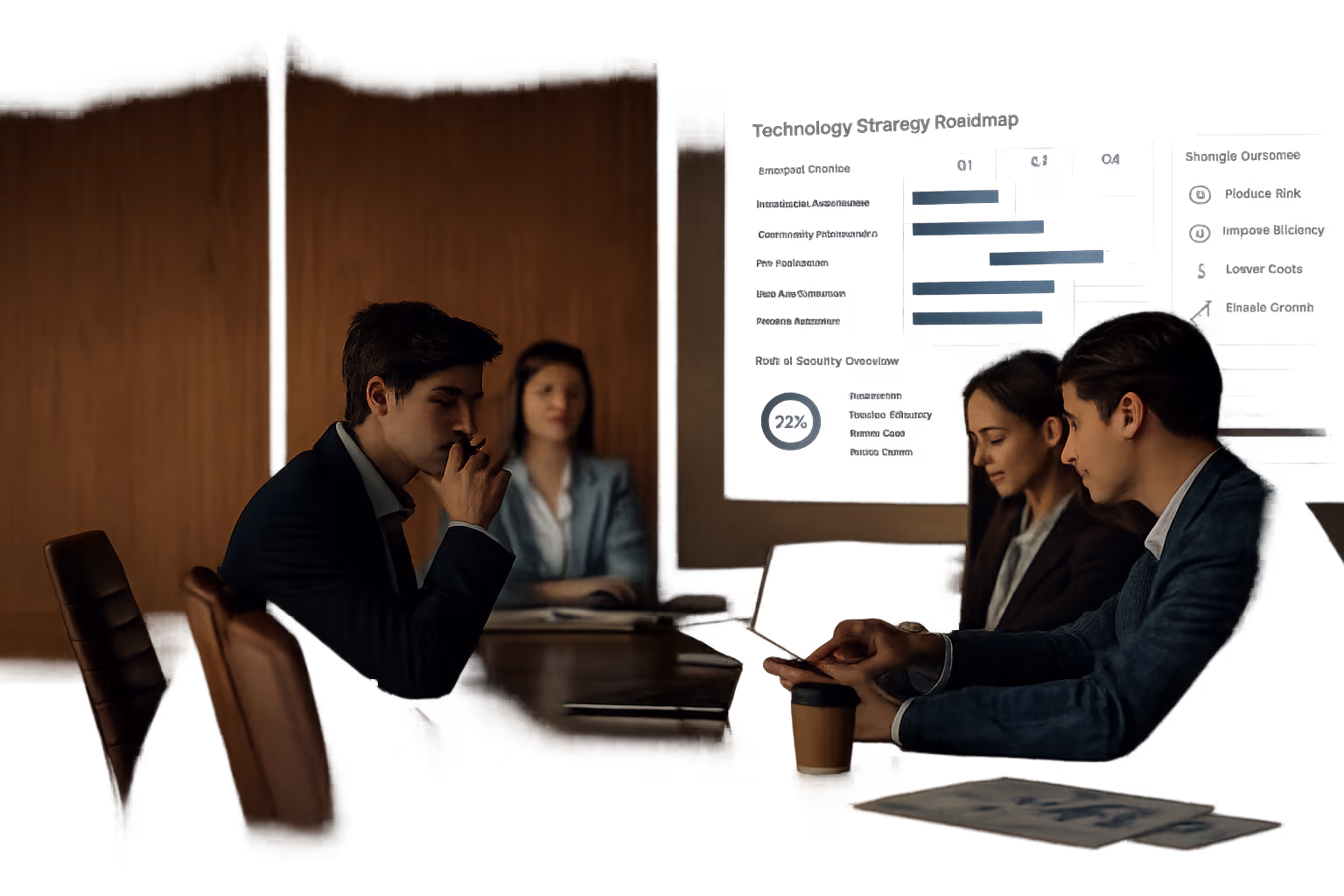 Executive leadership team reviewing technology strategy during a boardroom meeting.