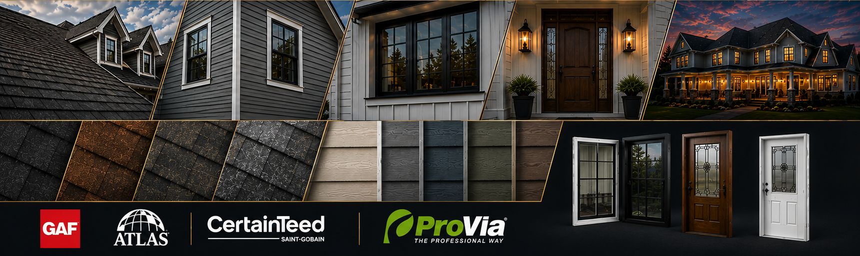 Legacy Exteriors services — roofing, siding, windows and doors, featuring GAF, Atlas, CertainTeed and ProVia