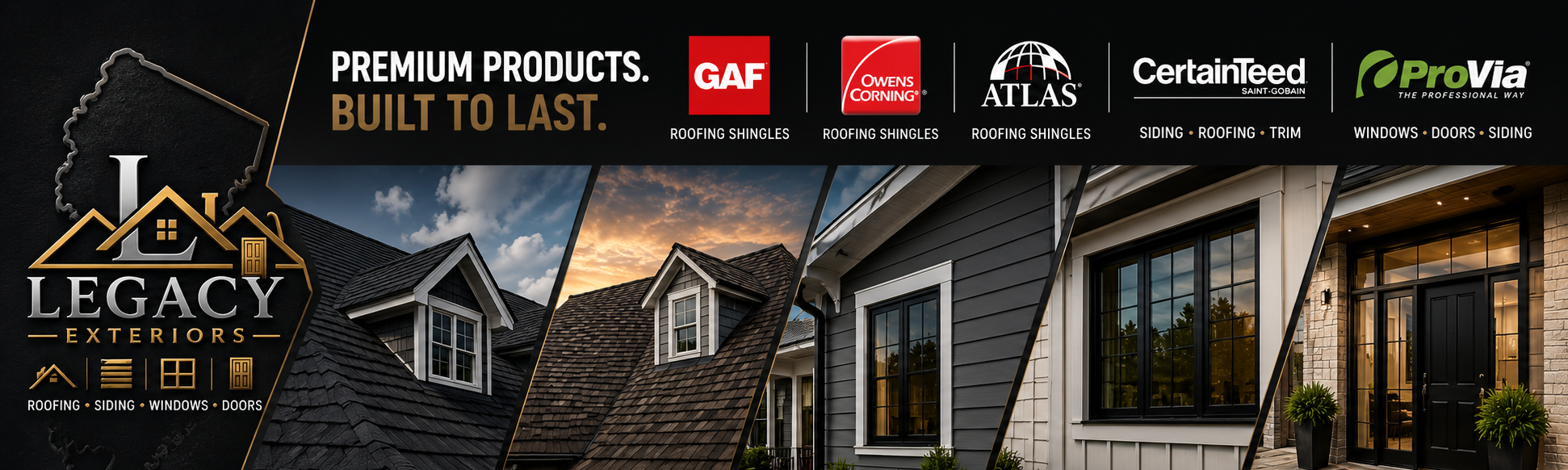 Legacy Exteriors services — roofing, siding, windows and doors, featuring GAF, Atlas, CertainTeed and ProVia