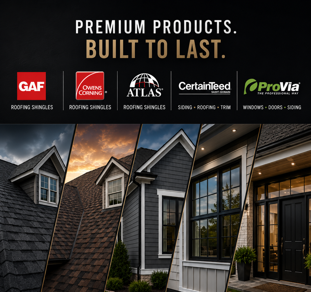 Legacy Exteriors materials and trusted brands — GAF, Owens Corning, Atlas, ProVia, CertainTeed
