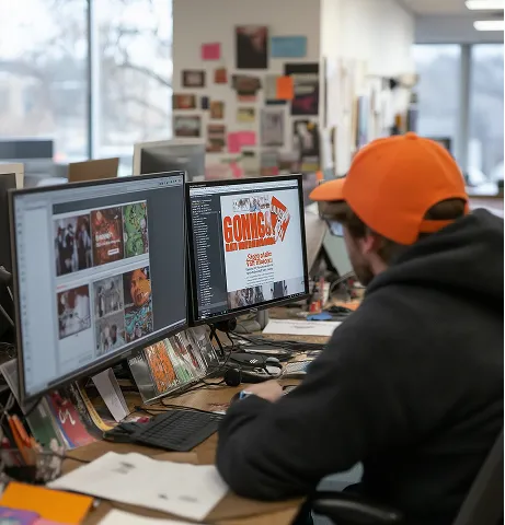 Person wearing an orange cap working on graphic design using two monitors in a creative office.