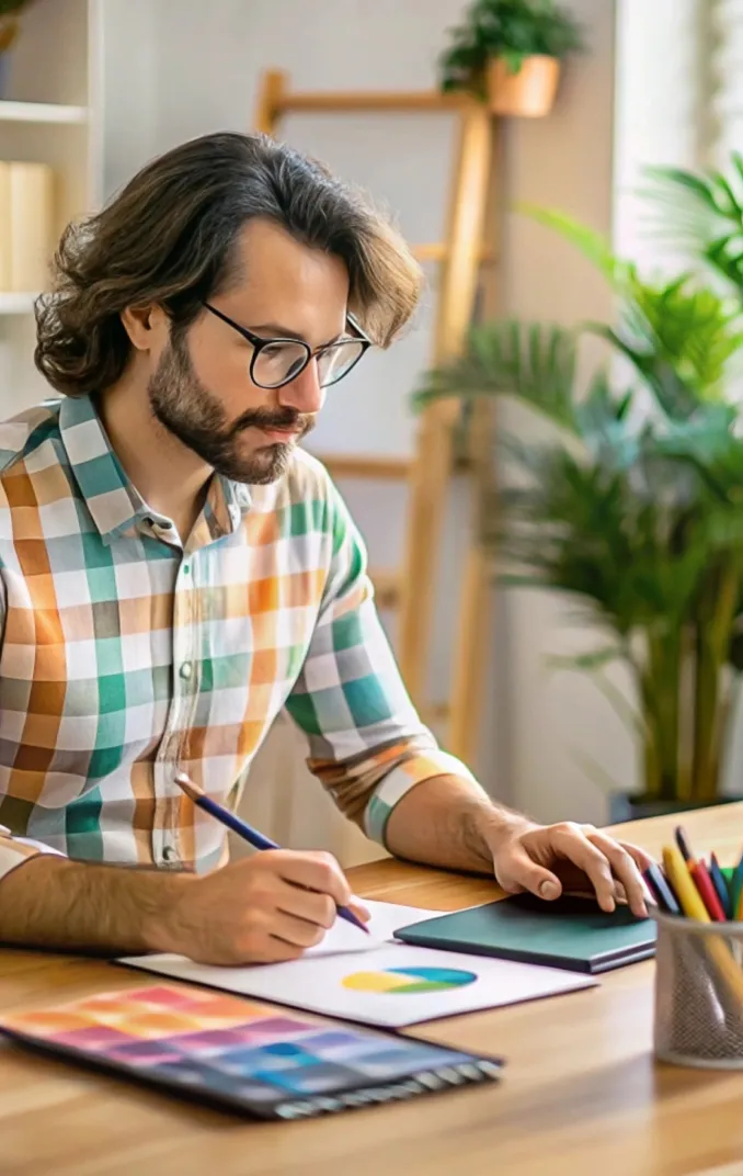 Man with glasses and a colorful checkered shirt drawing a color wheel at a wooden desk with art supplies, surrounded by plants in a bright room.