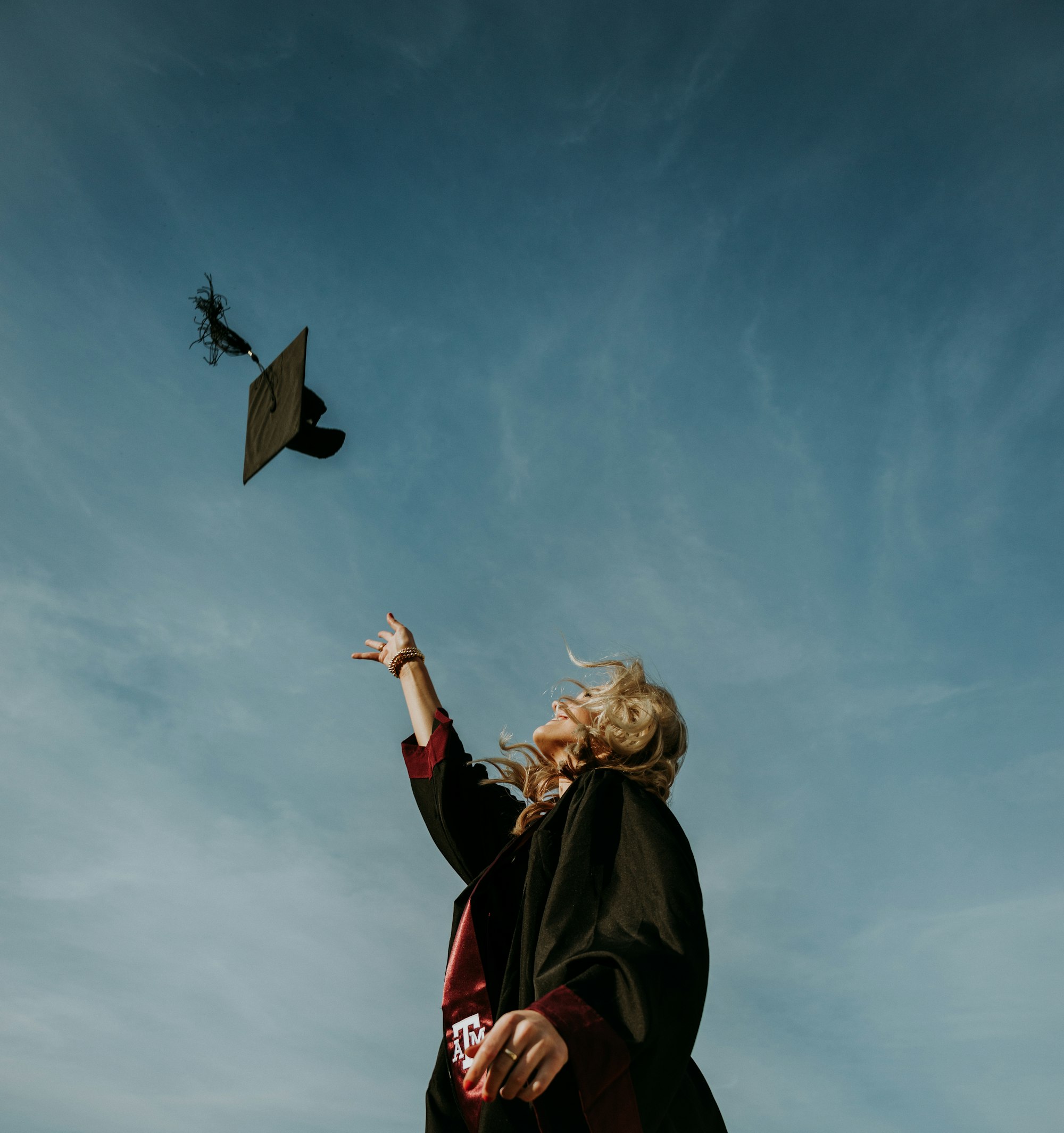 Graduate celebrating outdoors, tossing a cap into the sky