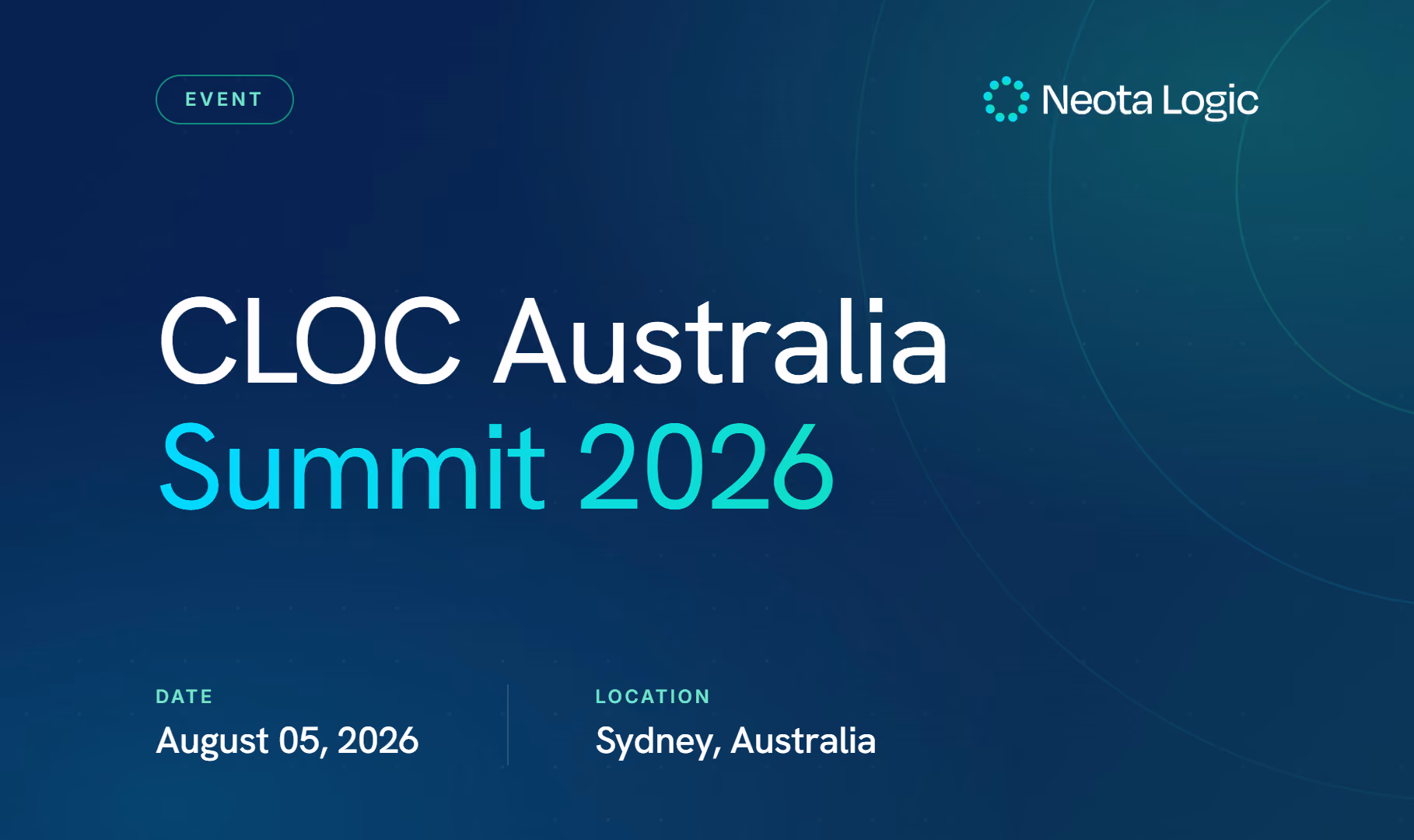 CLOC Australia Summit 2026 event details: August 5, 2026, Sydney, Australia, with Neota Logic logo.