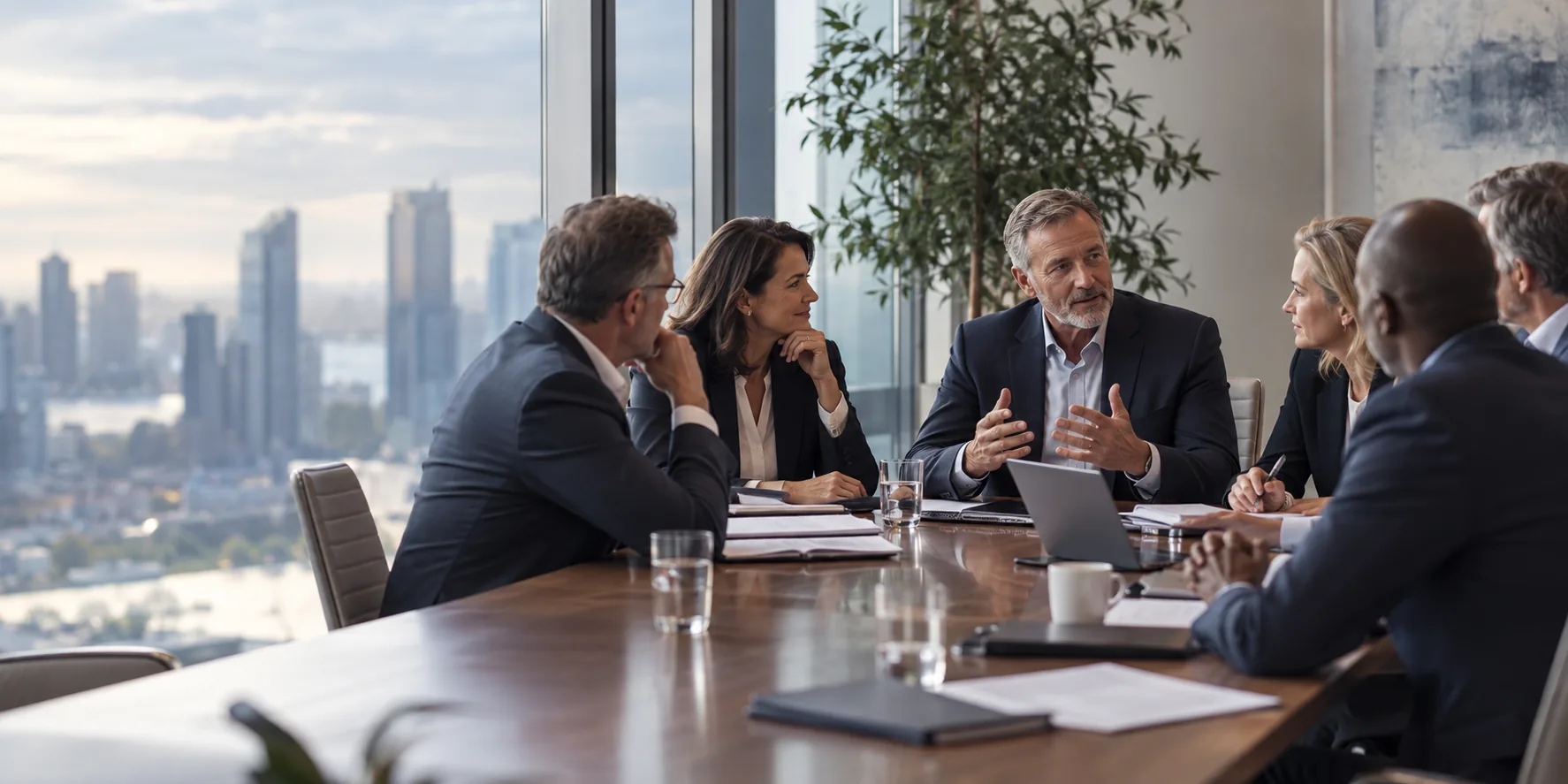 Senior executives in discussion around a boardroom table, with a city skyline behind them.