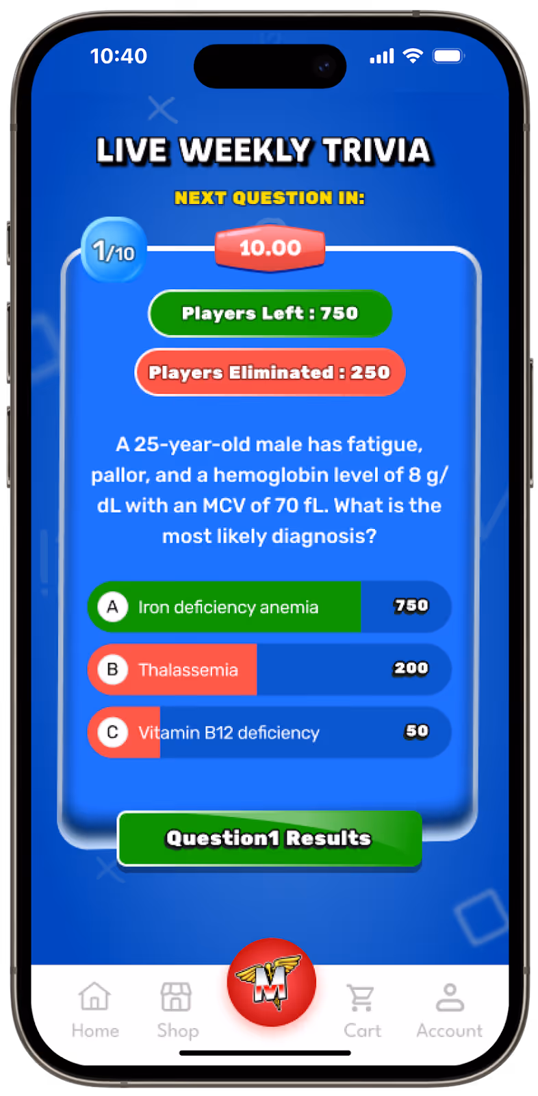 Med School Bro app quiz screen with live weekly trivia