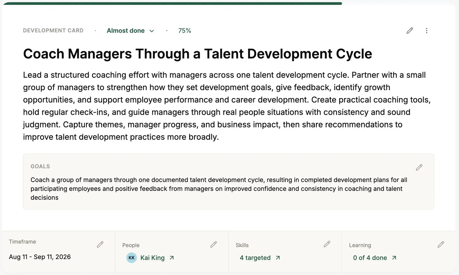A development card showing the project, its goals, the assigned mentor, targeted skills and learning