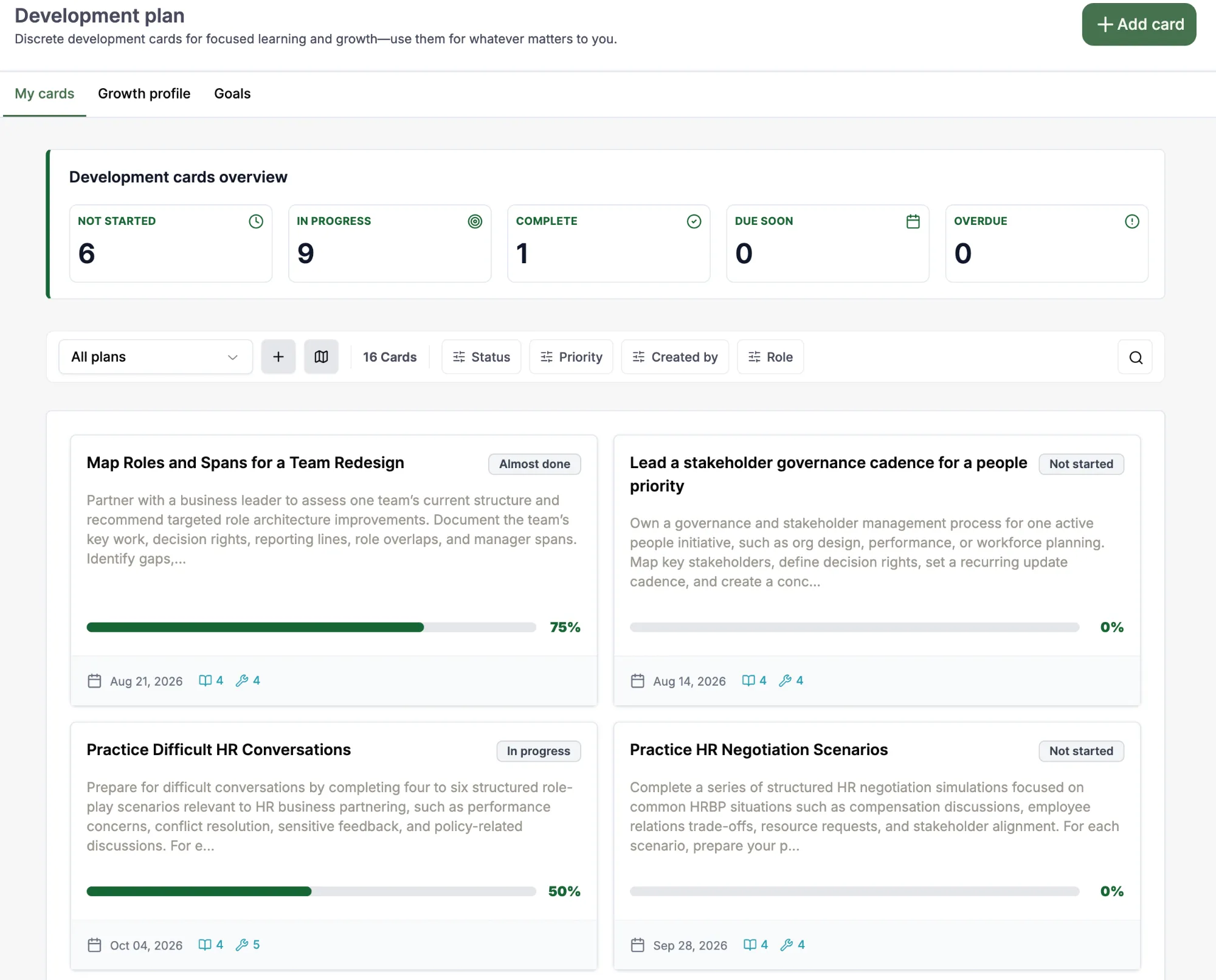 An employee development plan showing skills, progress and assigned cards