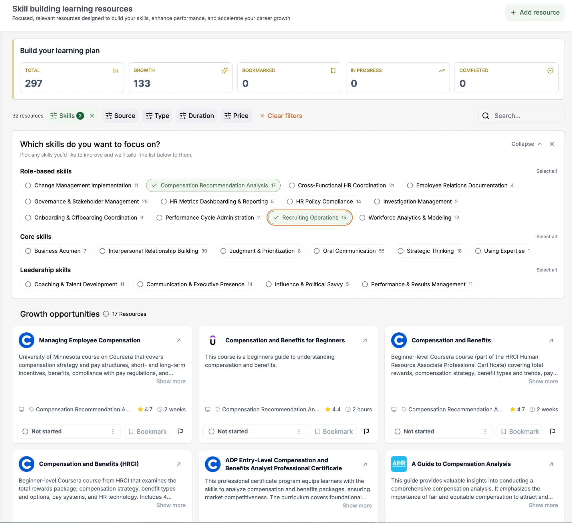 Learning resources library filtered by skill, showing courses, videos and articles