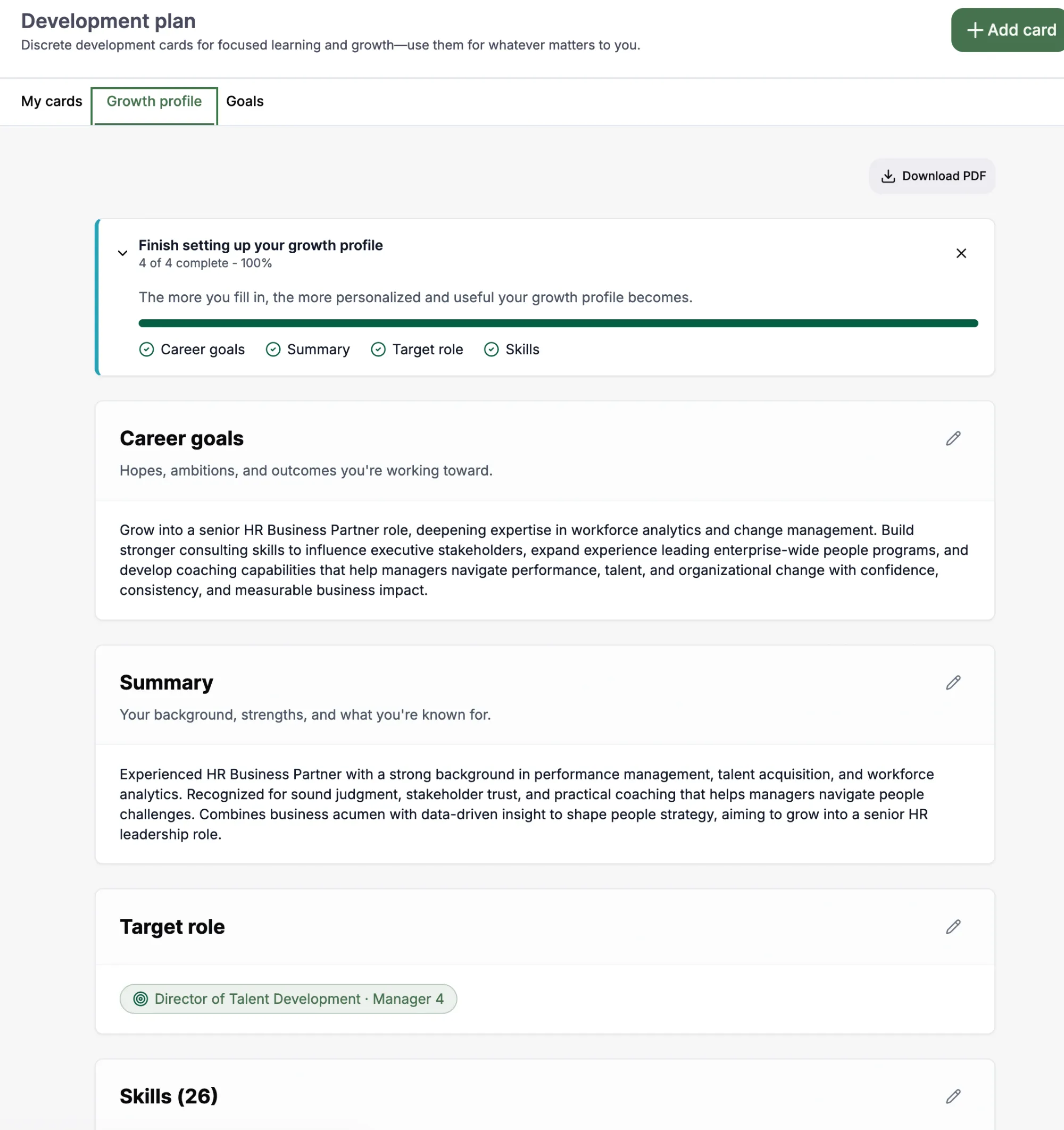 An employee growth profile showing current proficiency against target by skill