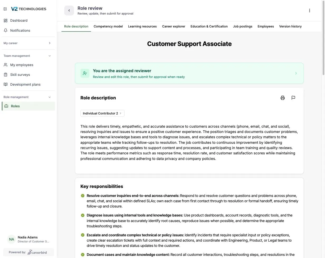 A role review screen with an assigned reviewer and edit controls