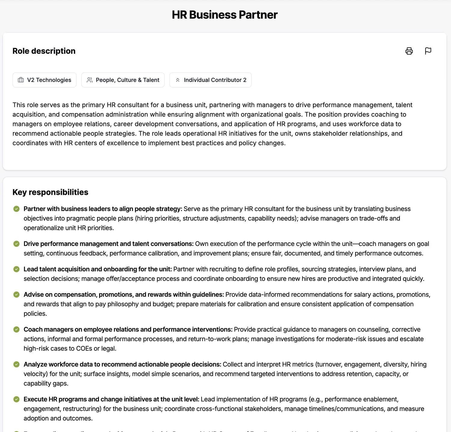 A role description showing the summary, level and key responsibilities