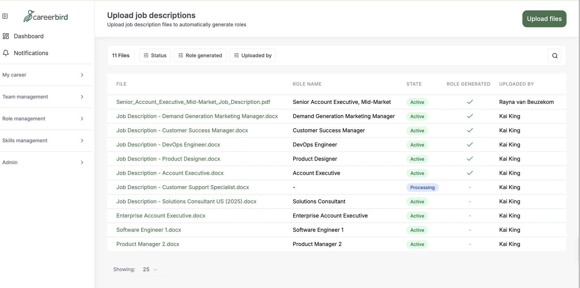 Upload job descriptions screen listing Word and PDF files, the role generated from each, its status and who uploaded it