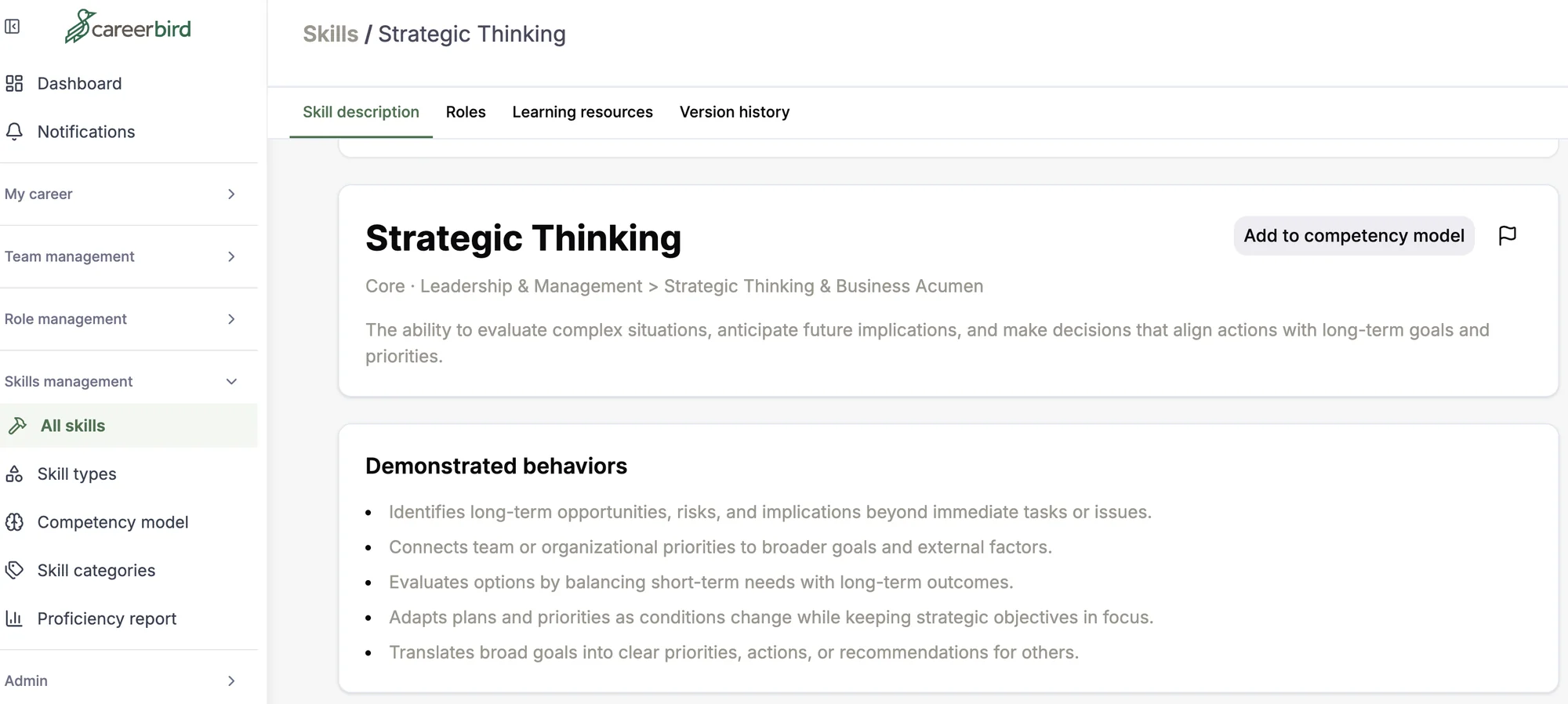 Strategic Thinking competency page with its definition and a list of demonstrated behaviors