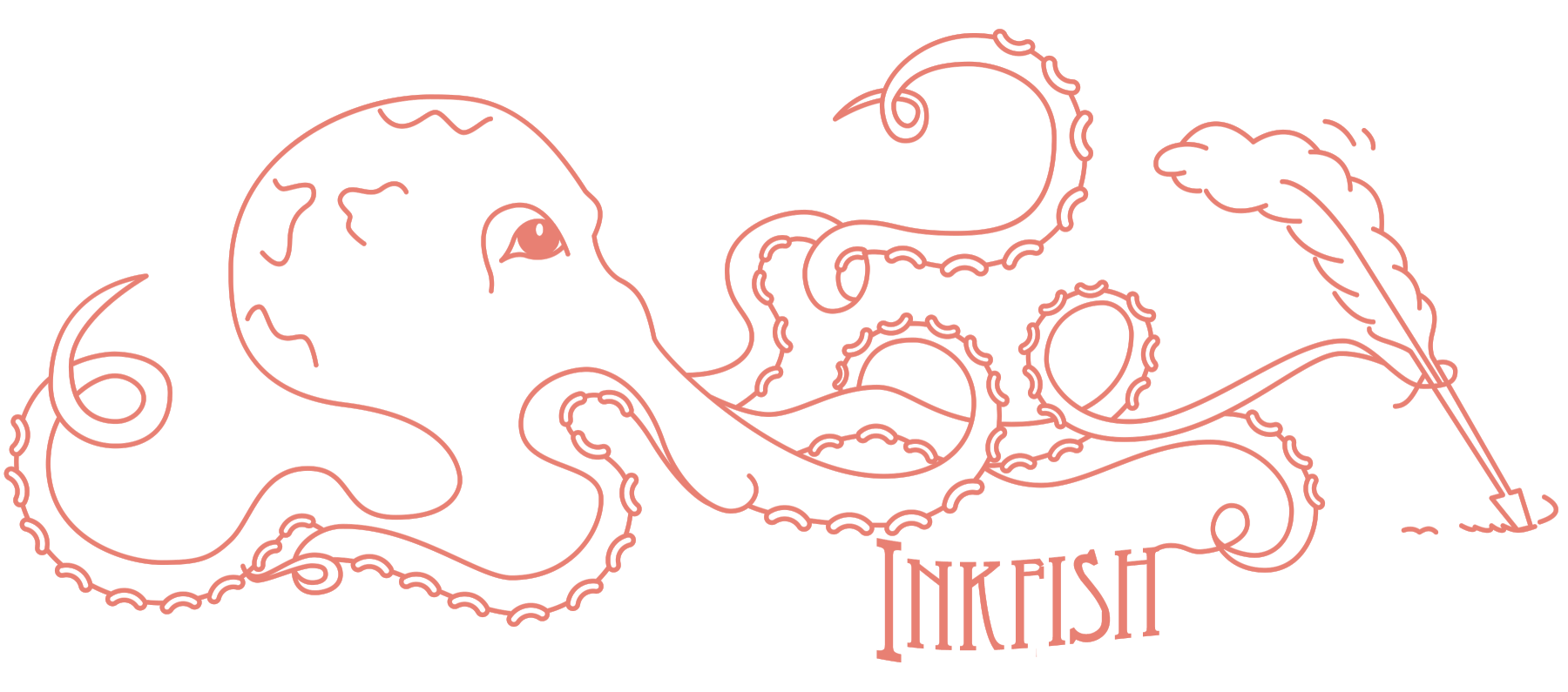 Inkfish octopus mascot writing with a quill