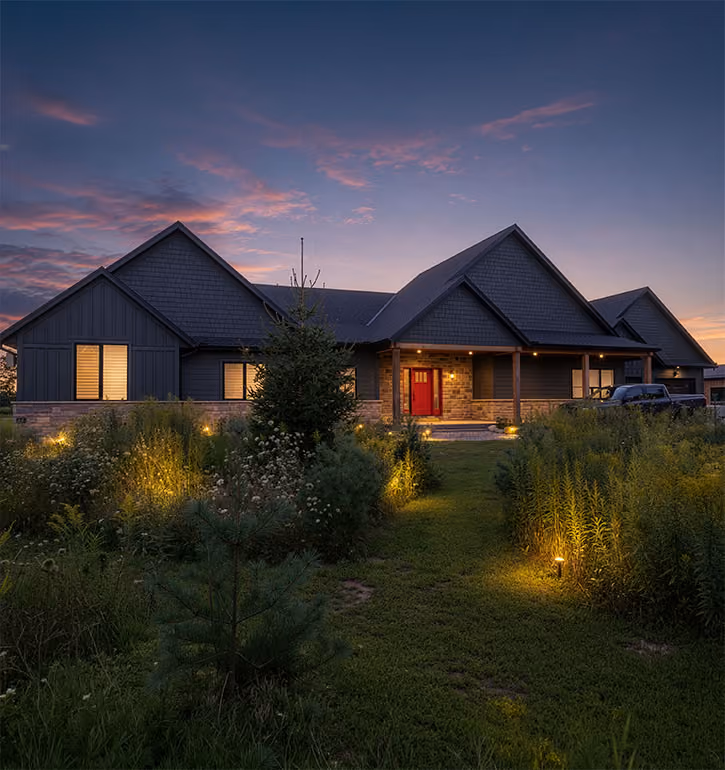exterior of a custom home build with red door