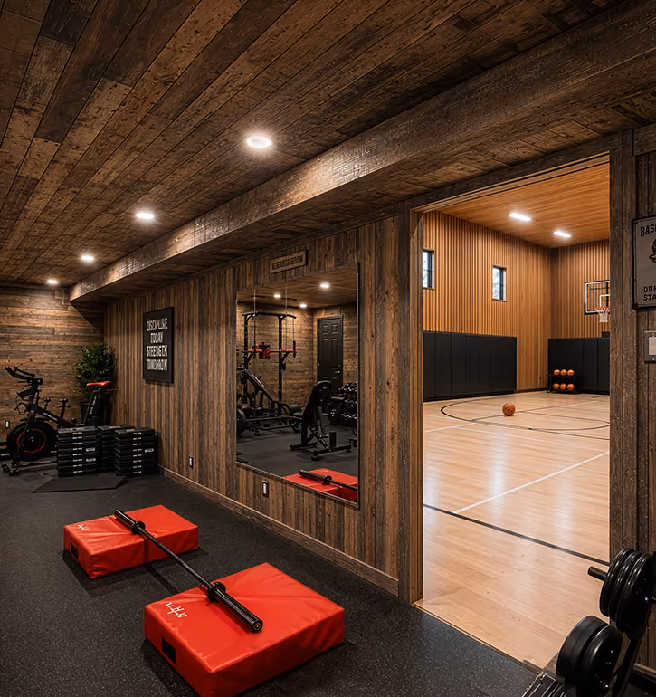 interior of gym area in a home including weight section and indoor basketball court