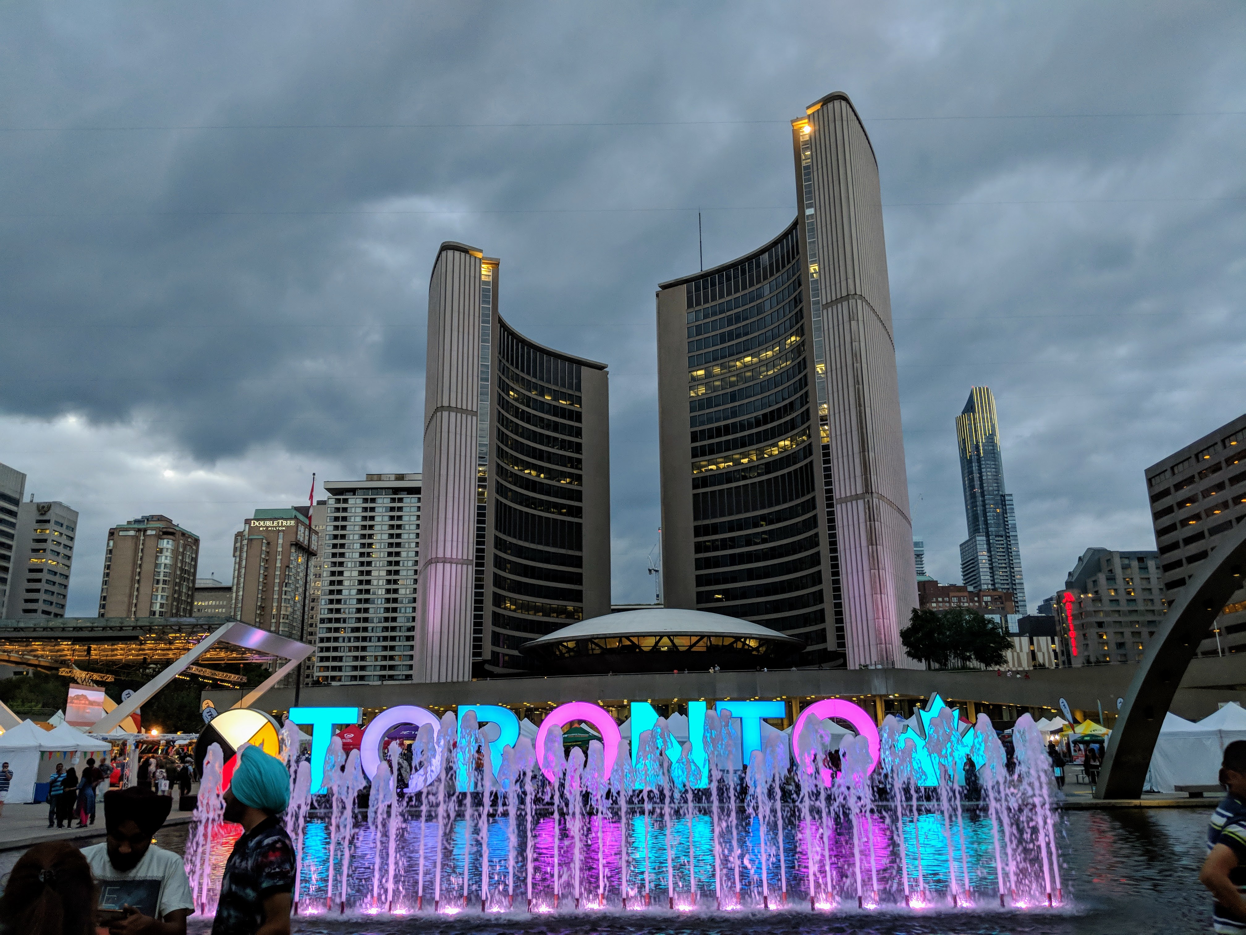 Nathan Phillips Square in downtown Toronto at dusk