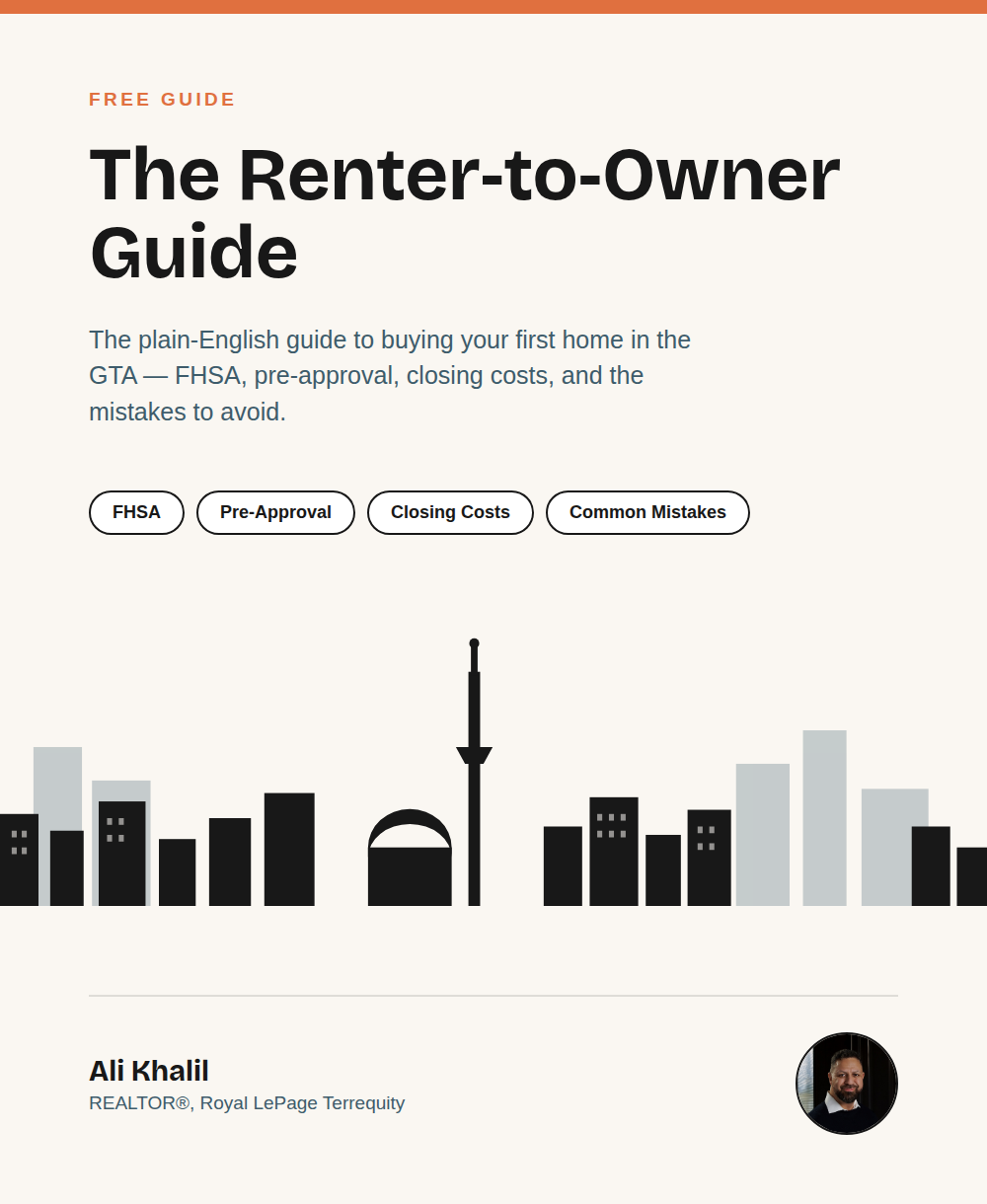 Cover of The Renter-to-Owner Guide, a free first-time home buyer guide by Ali Khalil, REALTOR®, Royal LePage Terrequity