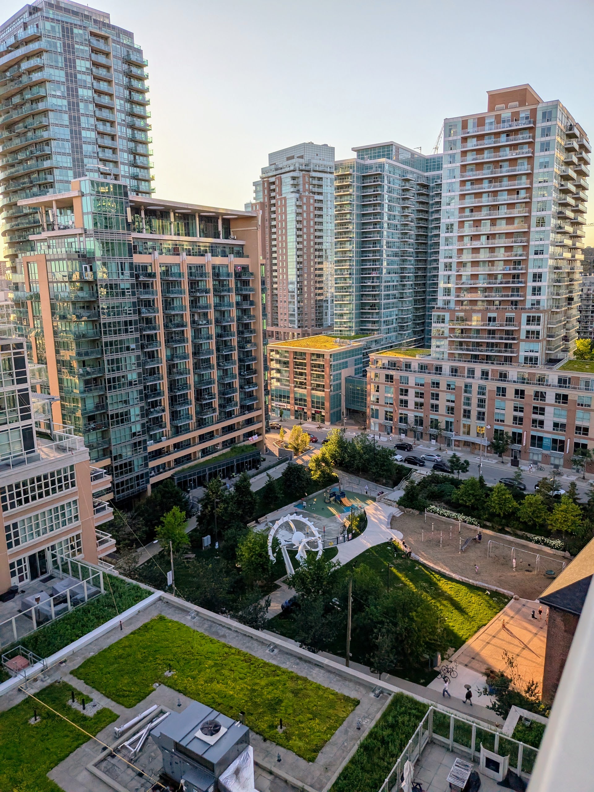 Condo towers around a landscaped park in Liberty Village, Toronto