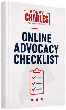 Book cover titled Online Advocacy Checklist with Bobby Charles for Maine Governor logo and clipboard icon.