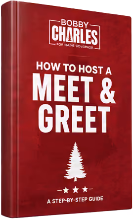 Red book titled 'How to Host a Meet & Greet' by Bobby Charles for Maine Governor with a tree and stars illustration.