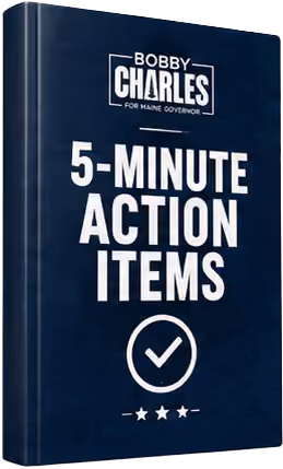 Book titled '5-Minute Action Items' by Bobby Charles for Maine Governor with checkmark and stars on cover.