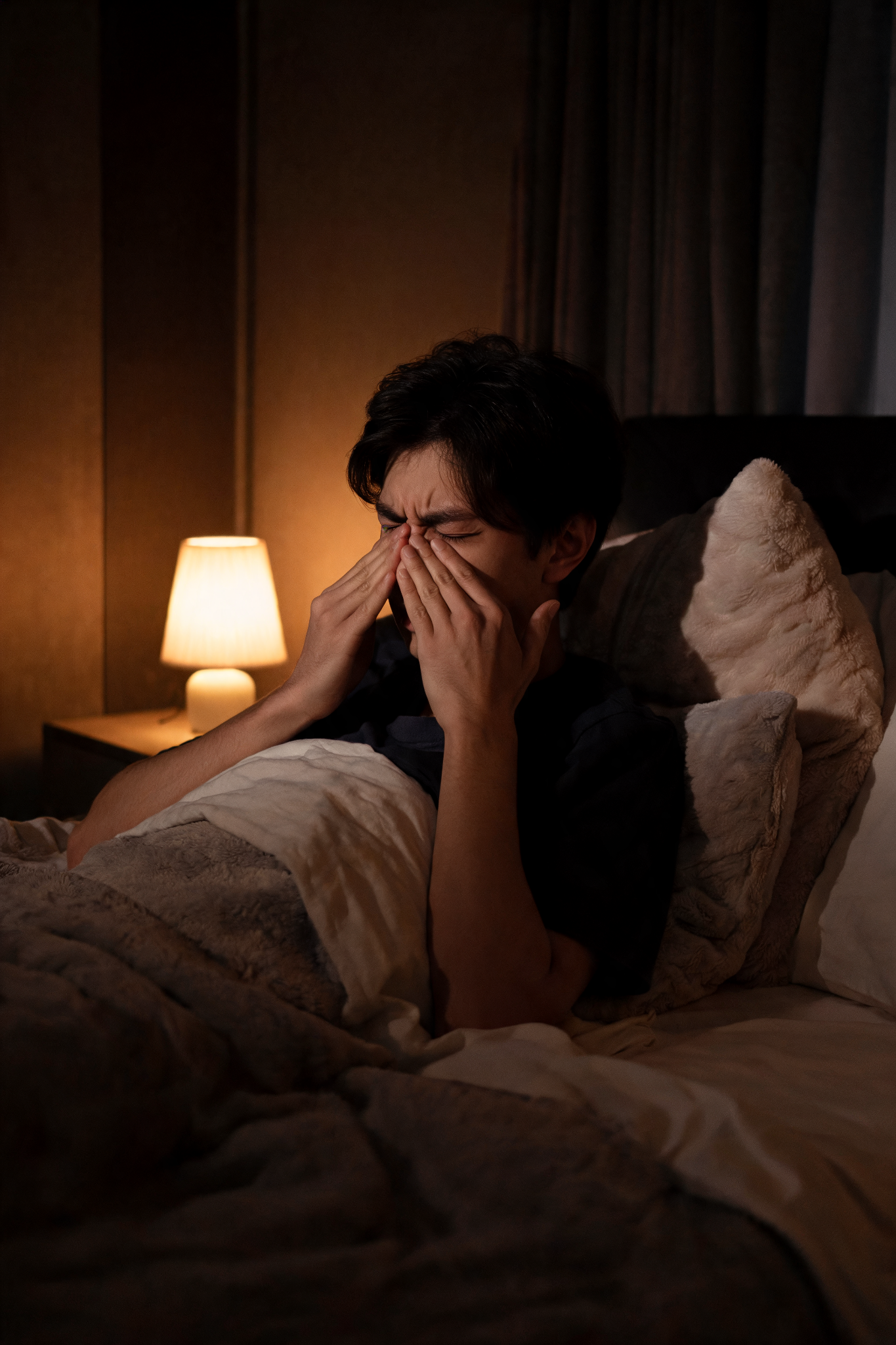 A person lying awake in bed at night, looking congested and uncomfortable, unable to sleep due to sinus pressure.