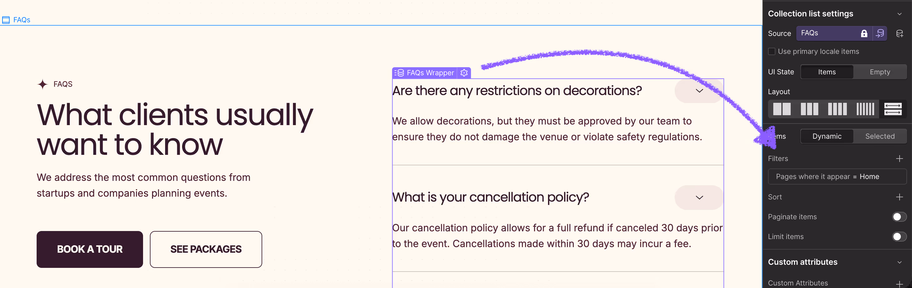 Web page FAQ section titled 'What clients usually want to know' with two FAQ questions about decoration restrictions and cancellation policy.