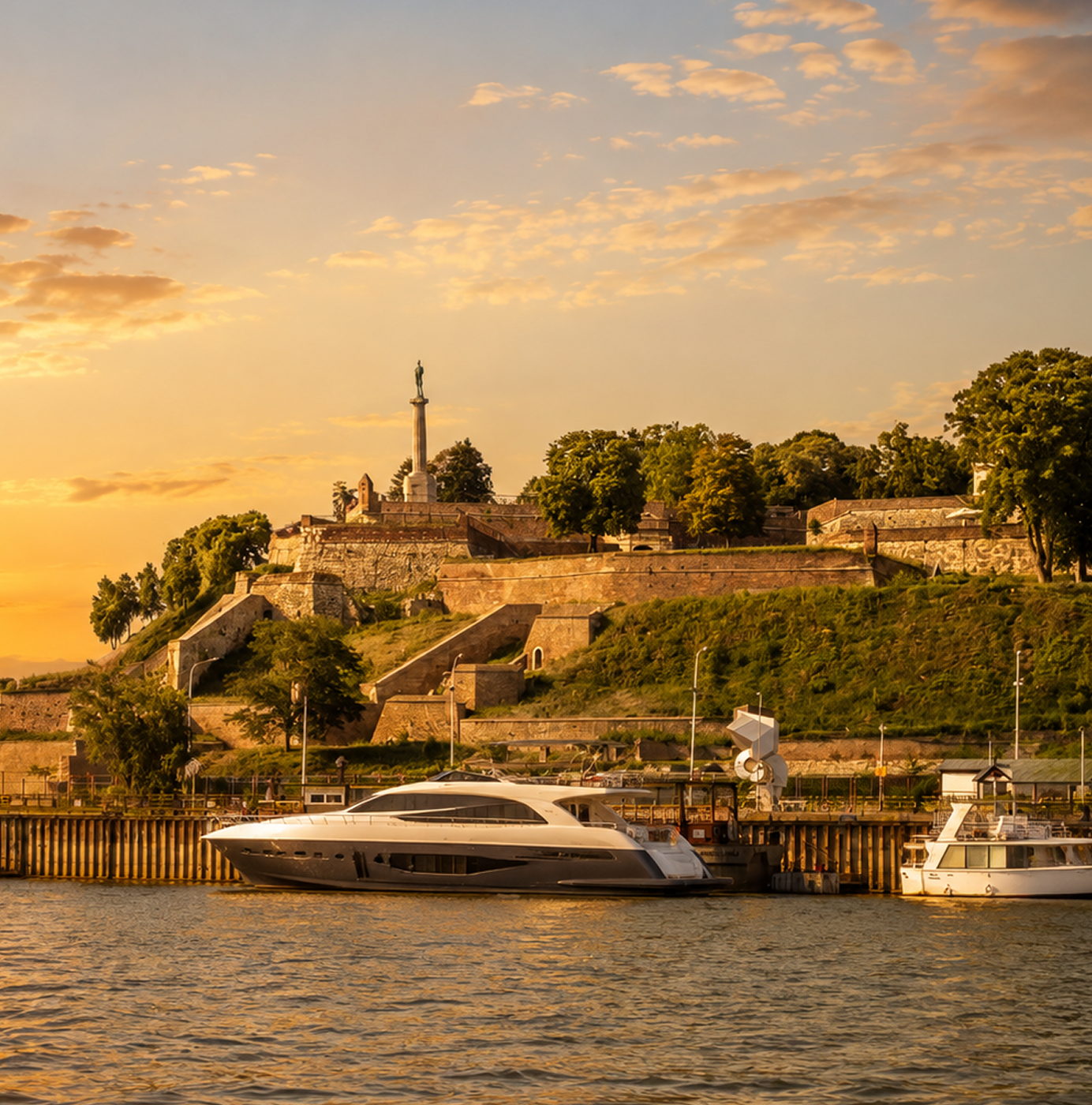 Pogled sa Ušća na Kalemegdan i Pobednika u zalazak sunca, sa brodom na reci