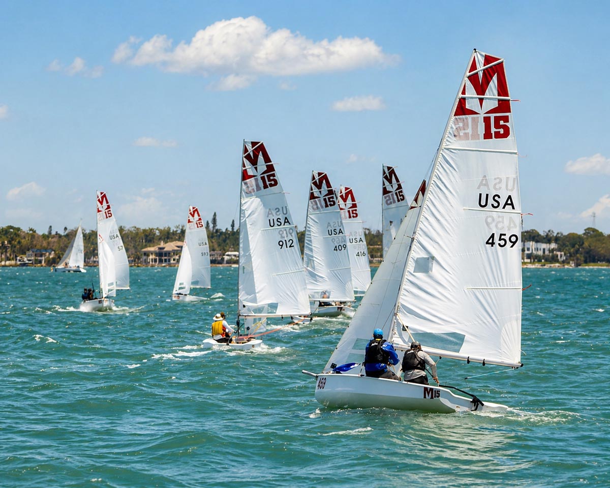 Several small sailboats with white sails racing on blue water near a shoreline with houses.