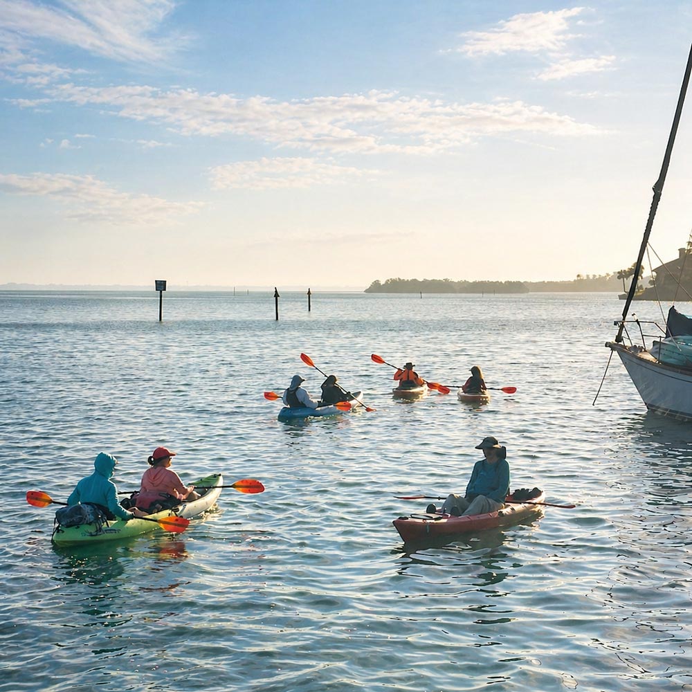 People kayaking in calm water near a docked sailboat on a clear day with partly cloudy sky.