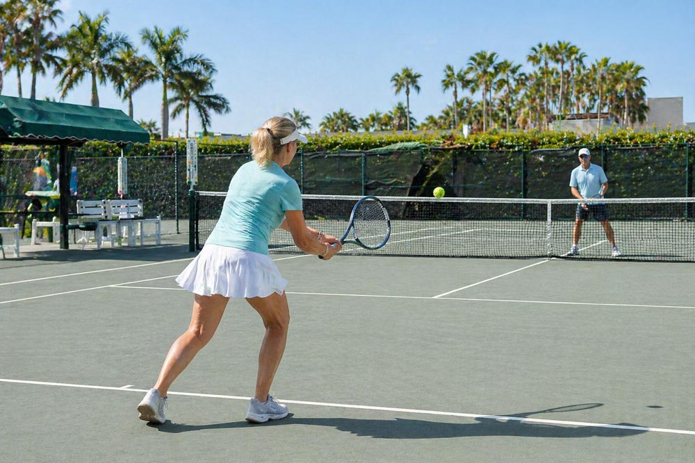 Woman in blue shirt and white skirt hitting a tennis ball toward a man on the opposite side of the court.
