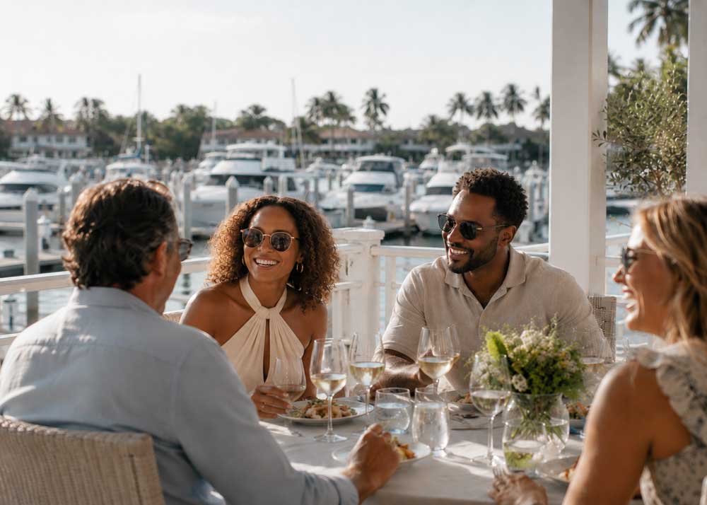Four adults wearing sunglasses smiling and dining outdoors at a waterside marina table with boats in background.
