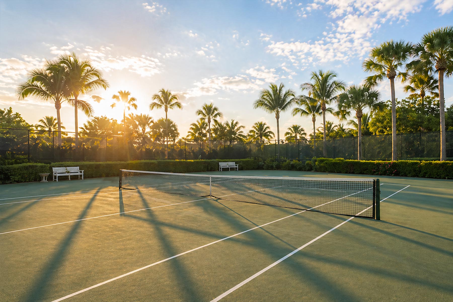 Empty outdoor tennis court at sunset with palm trees and benches around the fence.