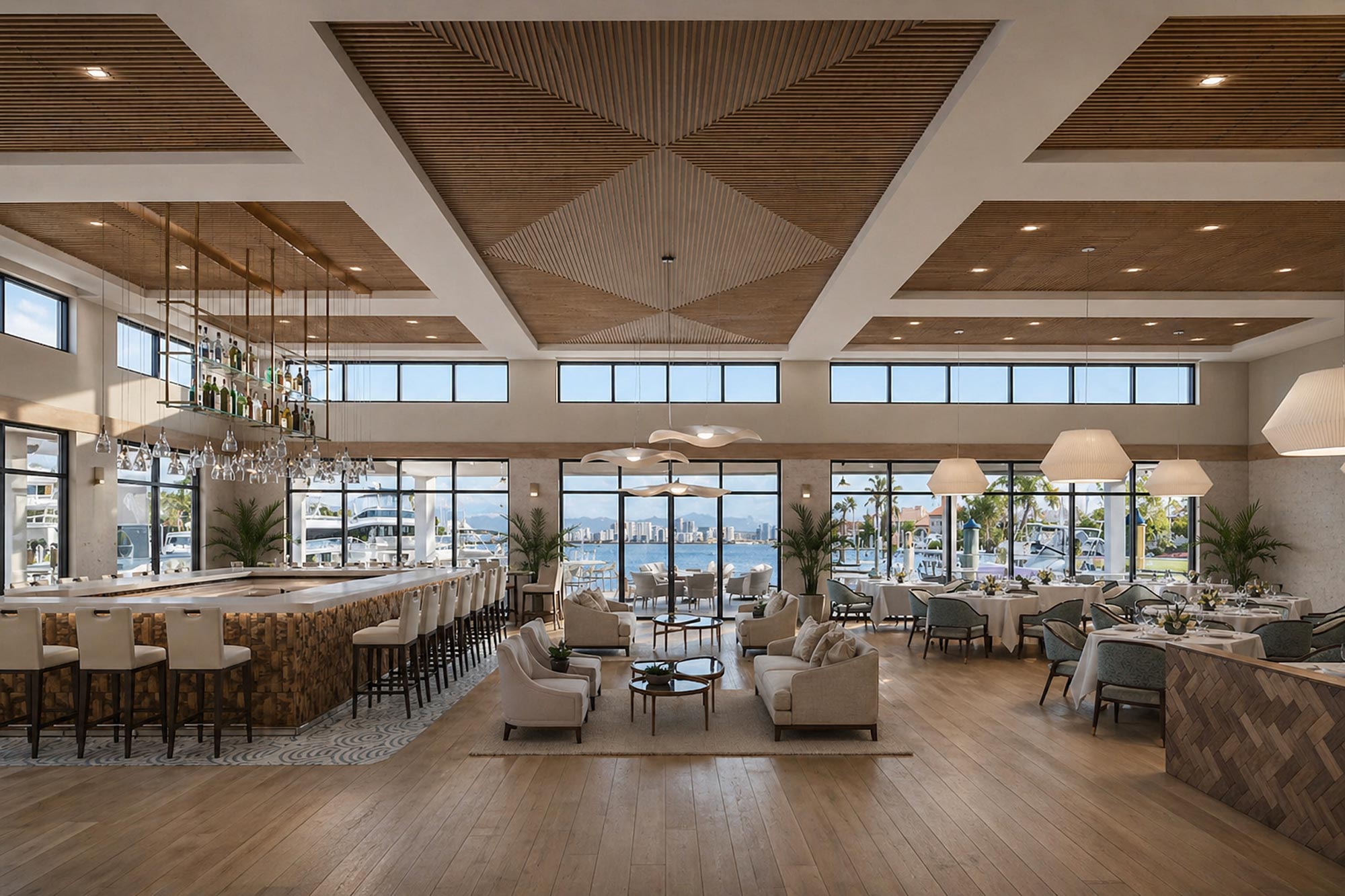 Modern dining area with bar, lounge seating, large windows, and a water view with yachts outside.