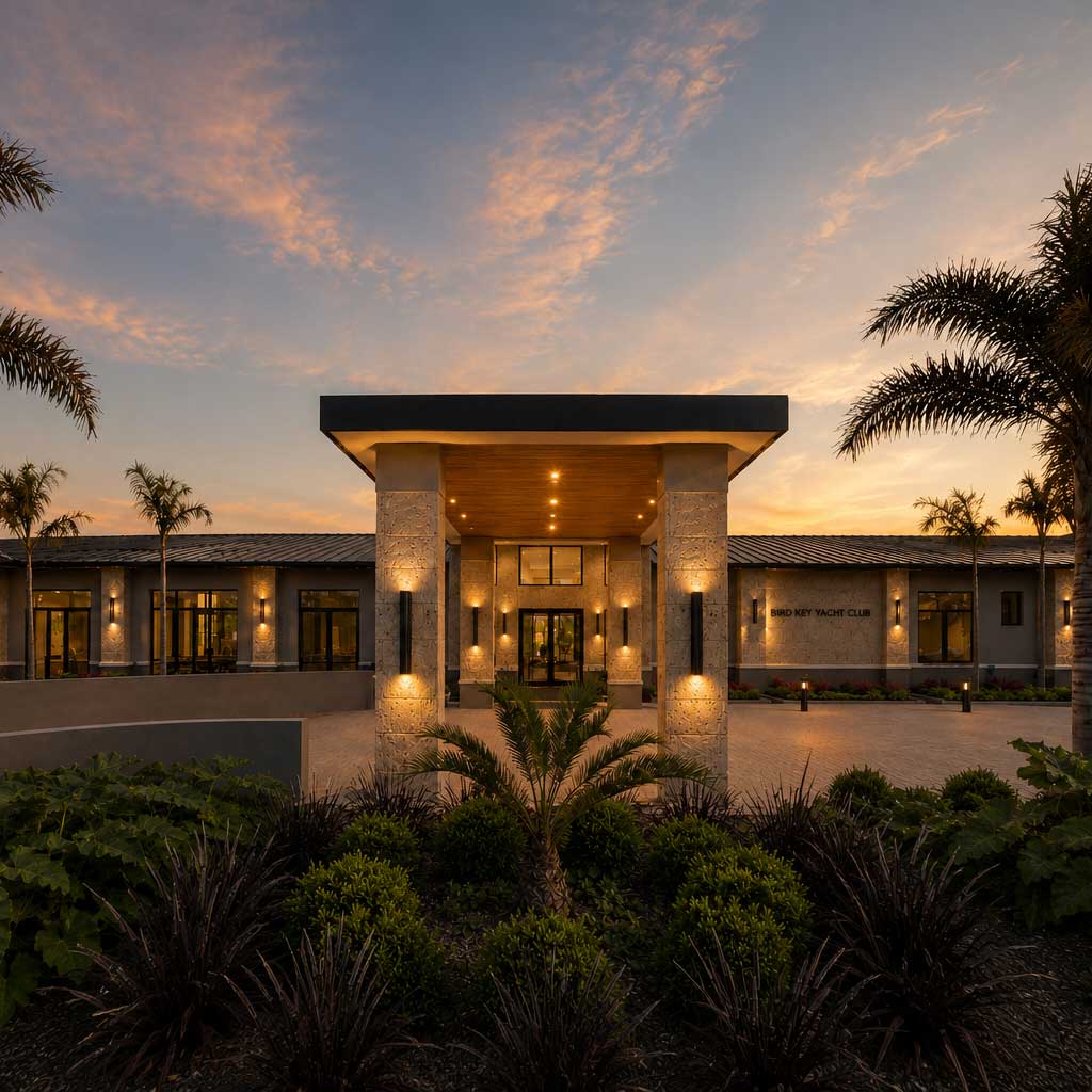 Exterior view of Bird Key Yacht Club entrance at sunset with illuminated pillars and palm trees.