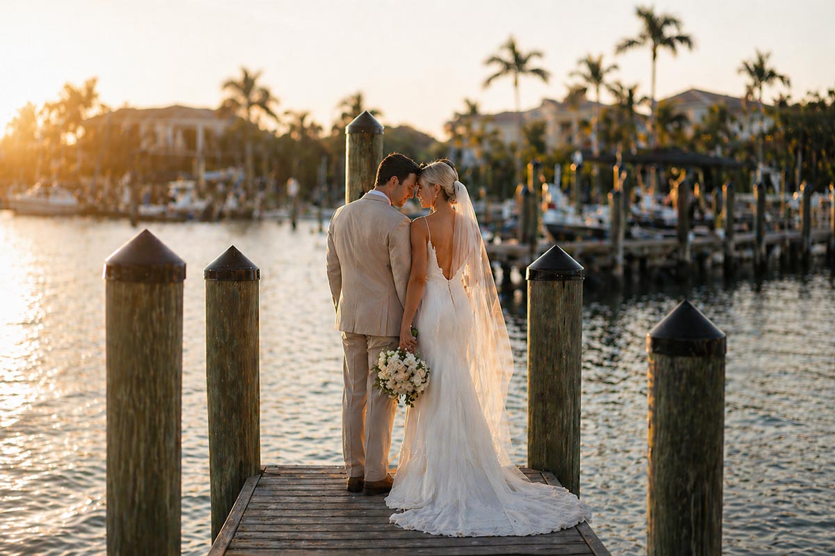 Bride and groom holding hands standing on a dock at sunset with water and palm trees in the background.