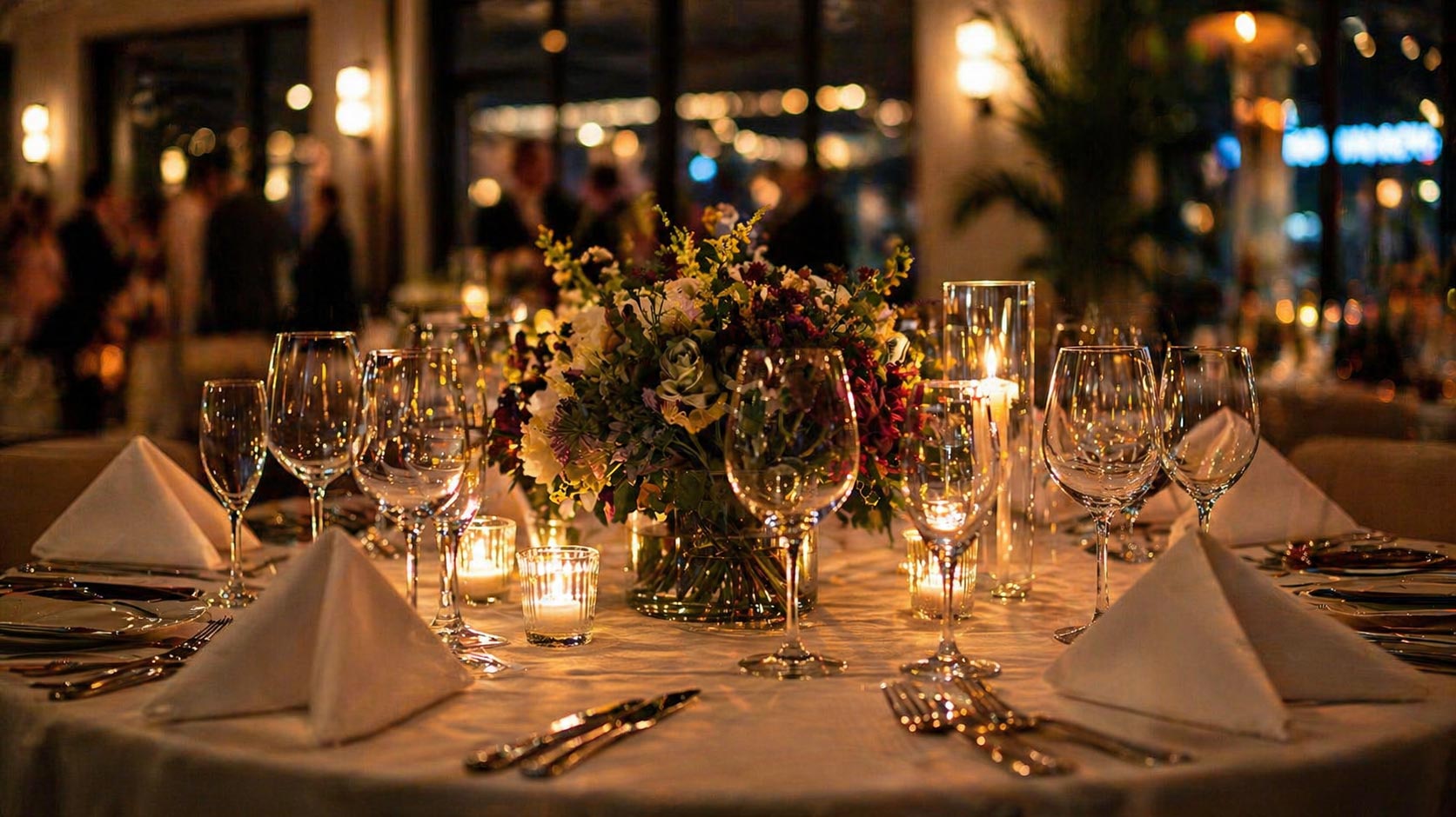 Elegant dinner table with white napkins, glassware, floral centerpiece, and candlelight in a dim setting.