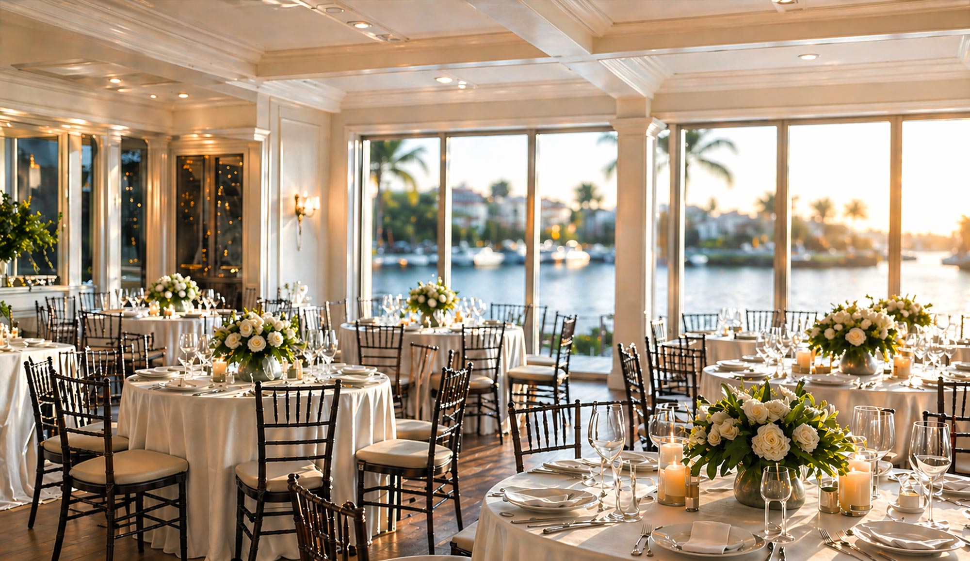 Elegant event space with round tables, white flowers, candles, and a waterfront view through large windows.