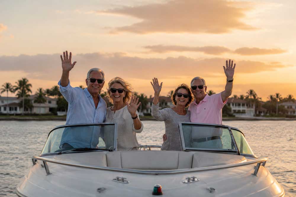 Two smiling older couples wearing sunglasses waving from a boat at sunset near waterfront homes.