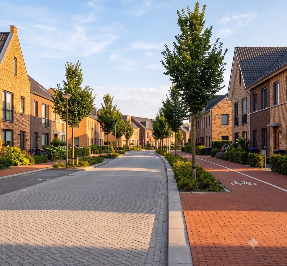 Afgeronde woonstraat met nieuwe bestrating en jonge bomen