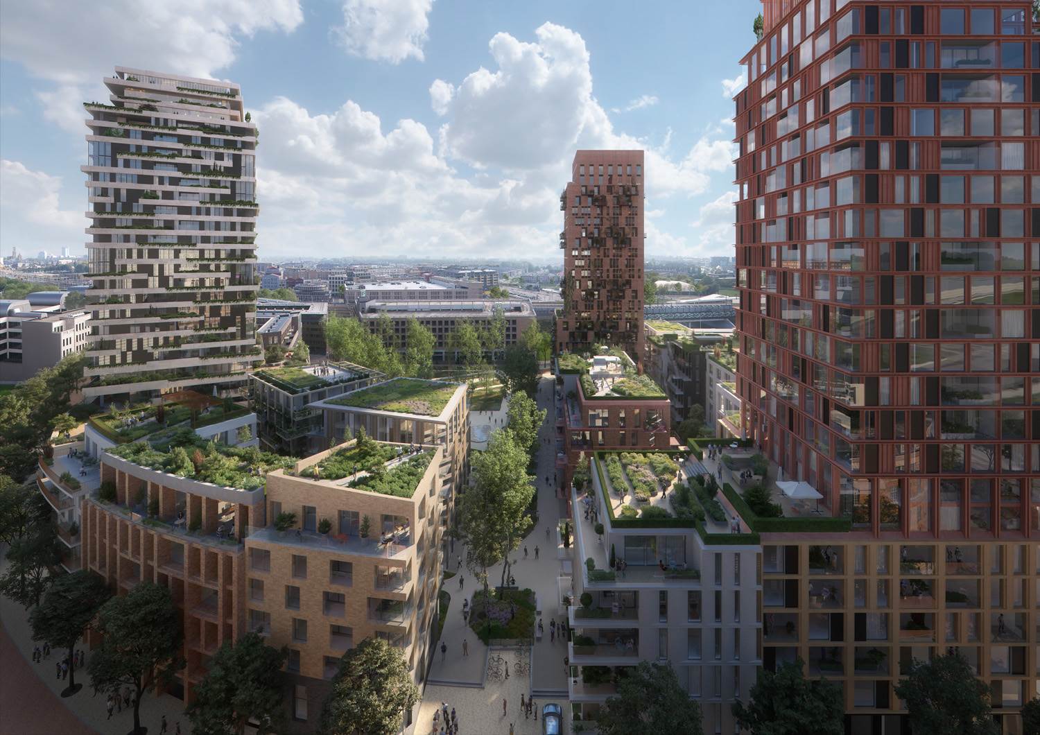 Luchtbeeld van een nieuwe stedelijke woonwijk met hoogbouw, groene daken en een autovrije middenstraat
