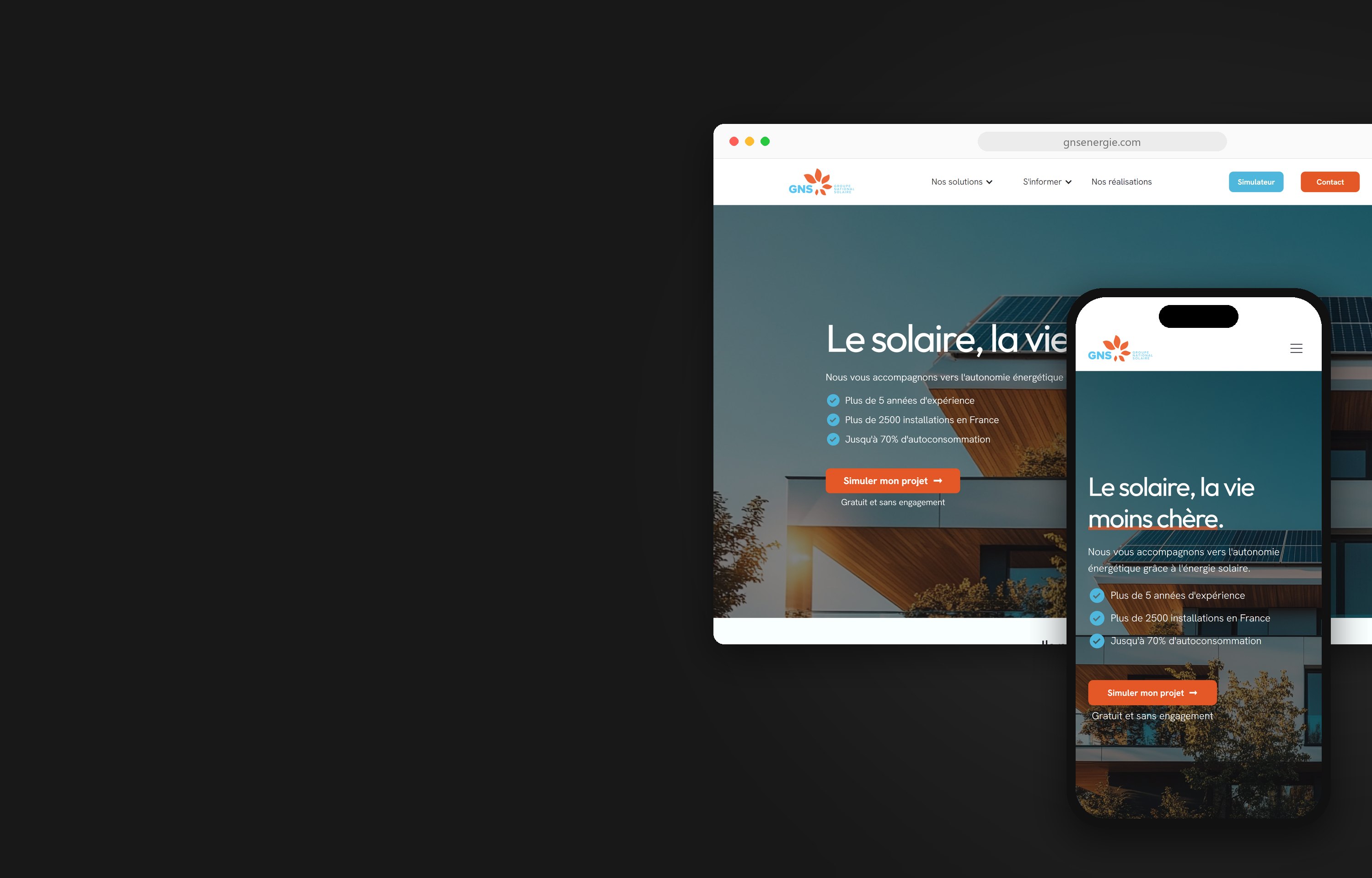Website von GNS Énergie auf Desktop und Smartphone