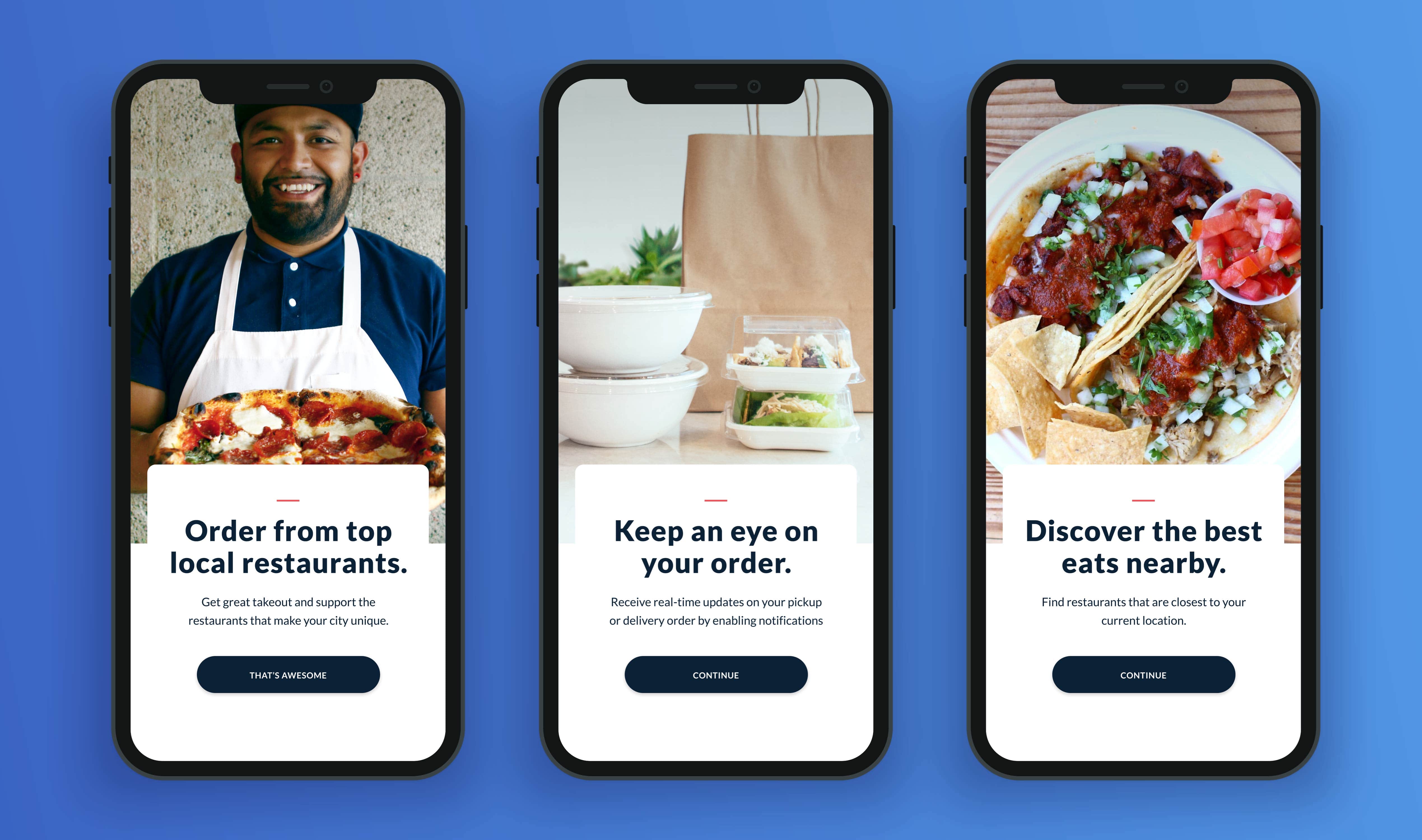 The previous ChowNow app onboarding flow: three screens with generic imagery
