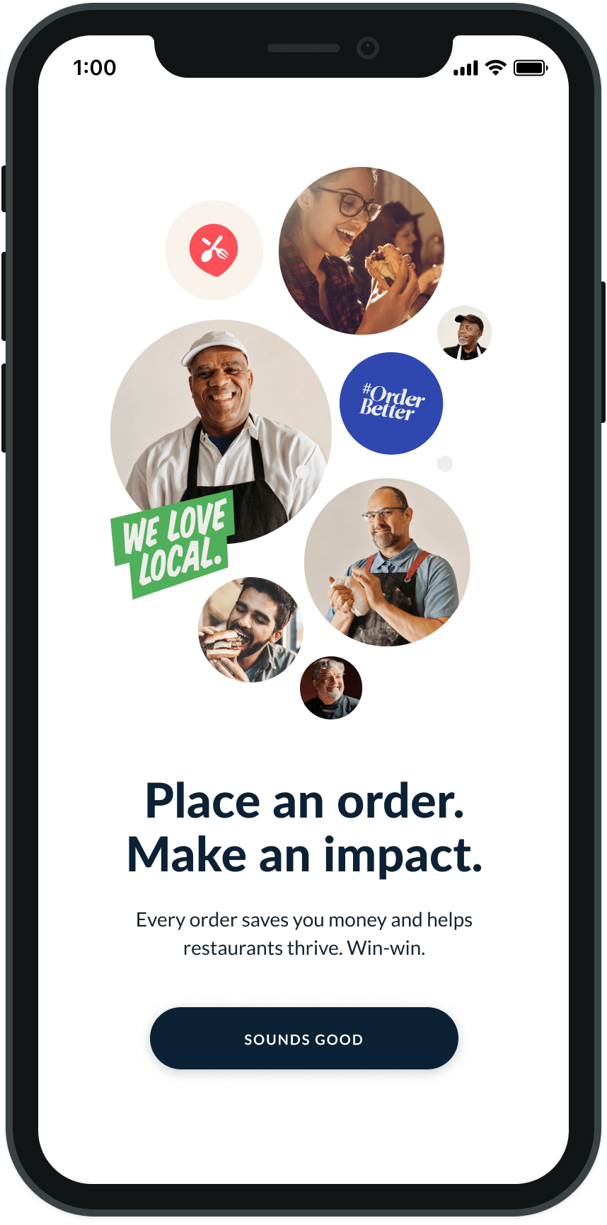 ChowNow onboarding screen one: a collage of restaurants, diners, and the ChowNow brand